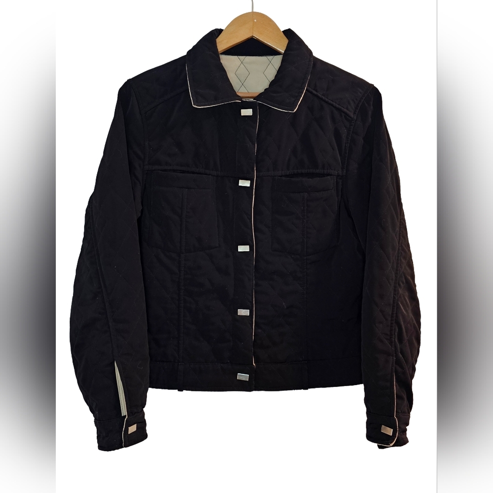 [UTEX] Reversible Diamond Quilted Black And Cream Bomber Jacket Women Large